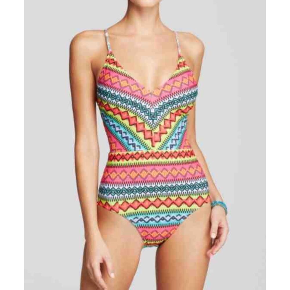 Nanette Lepore Size Medium Bayamo Goddess One Piece Swimsuit Red Green Geometric